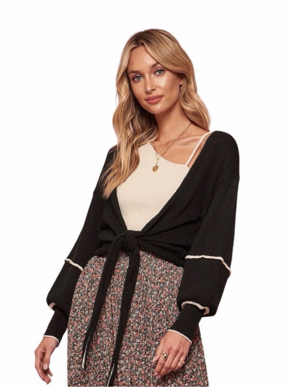 Promesa Black Tie-Front Cardigan with Cream Trim